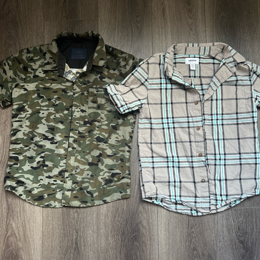 Camo and plaid short sleeve button up shirt church holiday boys small 6